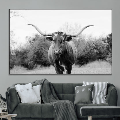 97280319-MGV-CV-36X24-Longhorn Photography Wall Art Canvas Print, Framed Western Cow Decor Art Picture Print, Texas Ranch Style Perfect Rustic Farmhouse