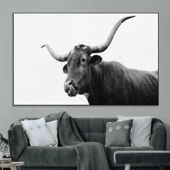 99244177-MGV-CV-36X24-Longhorn Photography Wall Art Canvas Print, Framed Western Cow Decor Art Picture Print, Black White Bull Perfect Modern Rustic