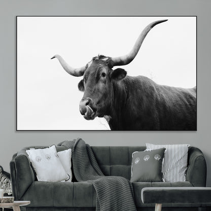 99244177-MGV-CV-36X24-Longhorn Photography Wall Art Canvas Print, Framed Western Cow Decor Art Picture Print, Black White Bull Perfect Modern Rustic