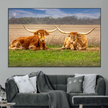 97244565-MGV-CV-36X24-Longhorn Duo Wall Art Canvas Print, Framed Cozy Ranch Vibes Art Picture Print, Western Ranch Decor Perfect Rustic Farmhouse Decor