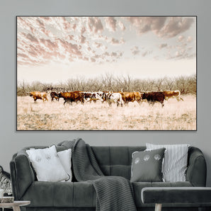 57389417-MGV-CV-36X24-Cow Herd Photography Wall Art Canvas Print, Framed Rustic Farmhouse Decor Art Picture Print, Western Ranch Style Perfect Rustic