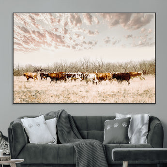 57389417-MGV-CV-36X24-Cow Herd Photography Wall Art Canvas Print, Framed Rustic Farmhouse Decor Art Picture Print, Western Ranch Style Perfect Rustic