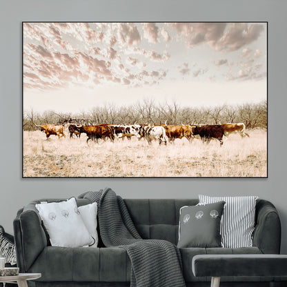 57389417-MGV-CV-36X24-Cow Herd Photography Wall Art Canvas Print, Framed Rustic Farmhouse Decor Art Picture Print, Western Ranch Style Perfect Rustic