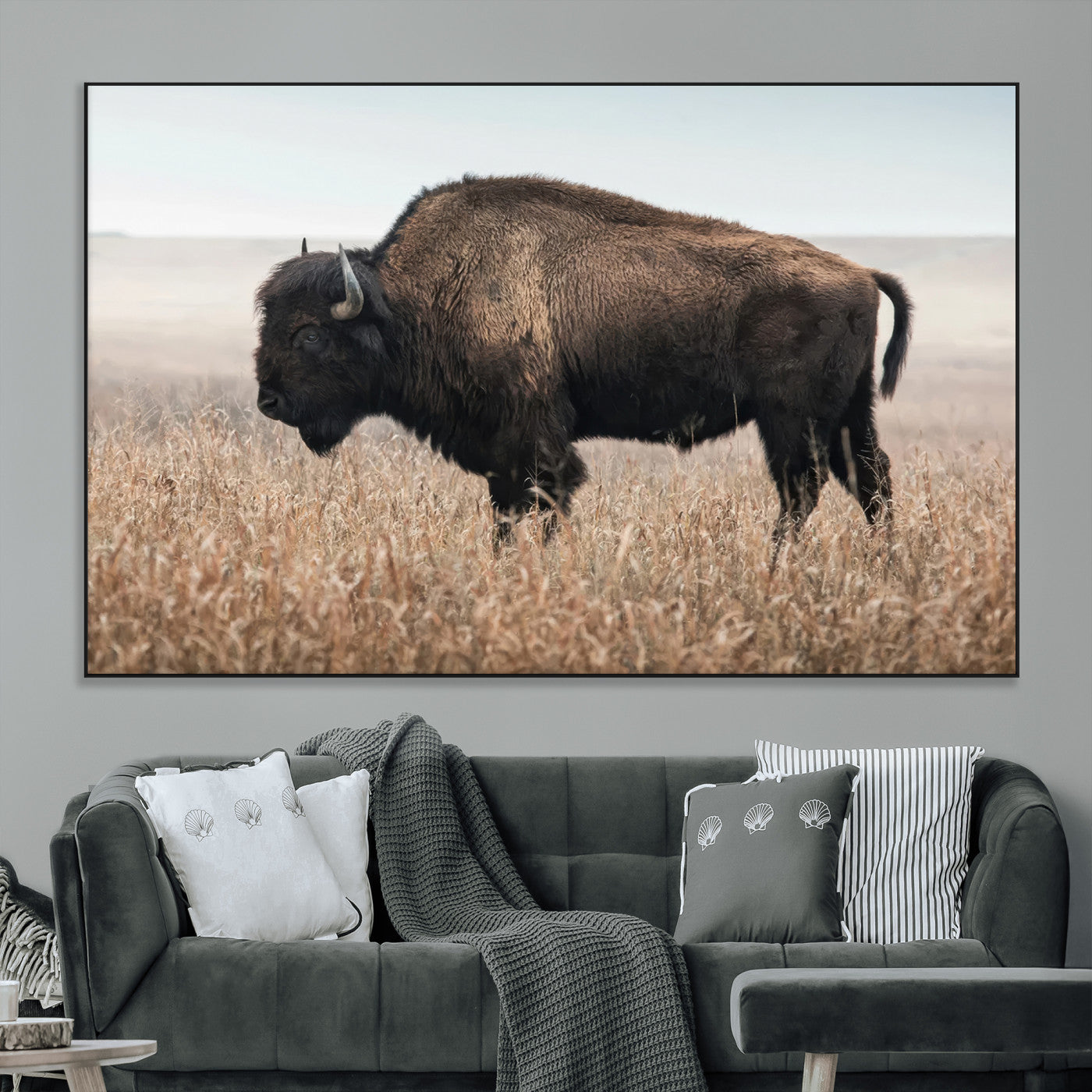 34451925-MGV-CV-36X24-Rustic Bison Decor Wall Art Canvas Print, Framed Buffalo Home Accent Art Picture Print, Prairie Wildlife Scene Perfect Western