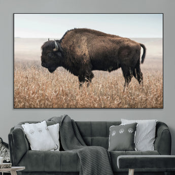 34451925-MGV-CV-36X24-Rustic Bison Decor Wall Art Canvas Print, Framed Buffalo Home Accent Art Picture Print, Prairie Wildlife Scene Perfect Western