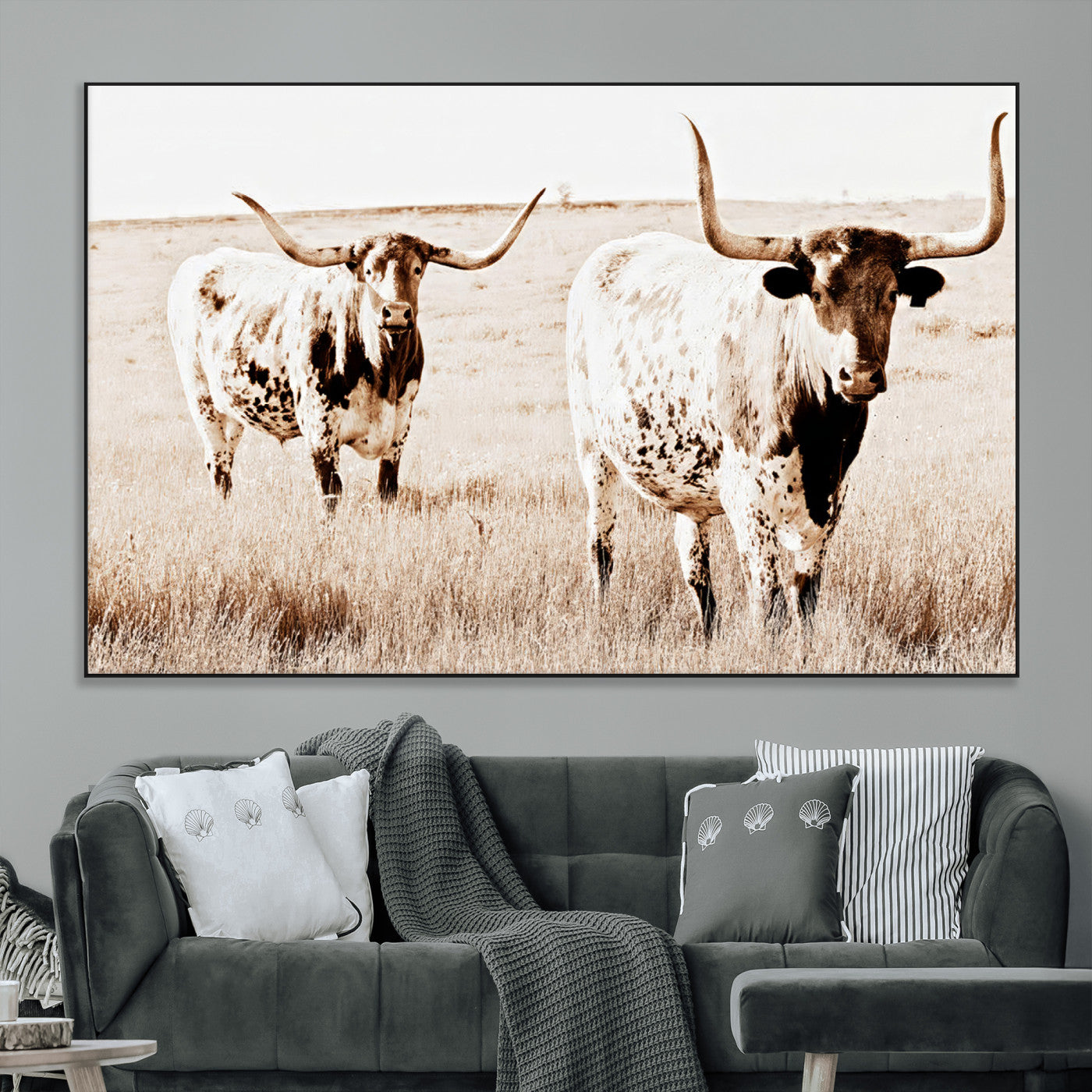 39672786-MGV-CV-36X24-Rustic Cow Scene Wall Art Canvas Print, Framed Farmhouse Style Cattle Art Picture Print, Prairie Animal Duo Perfect Rustic Western