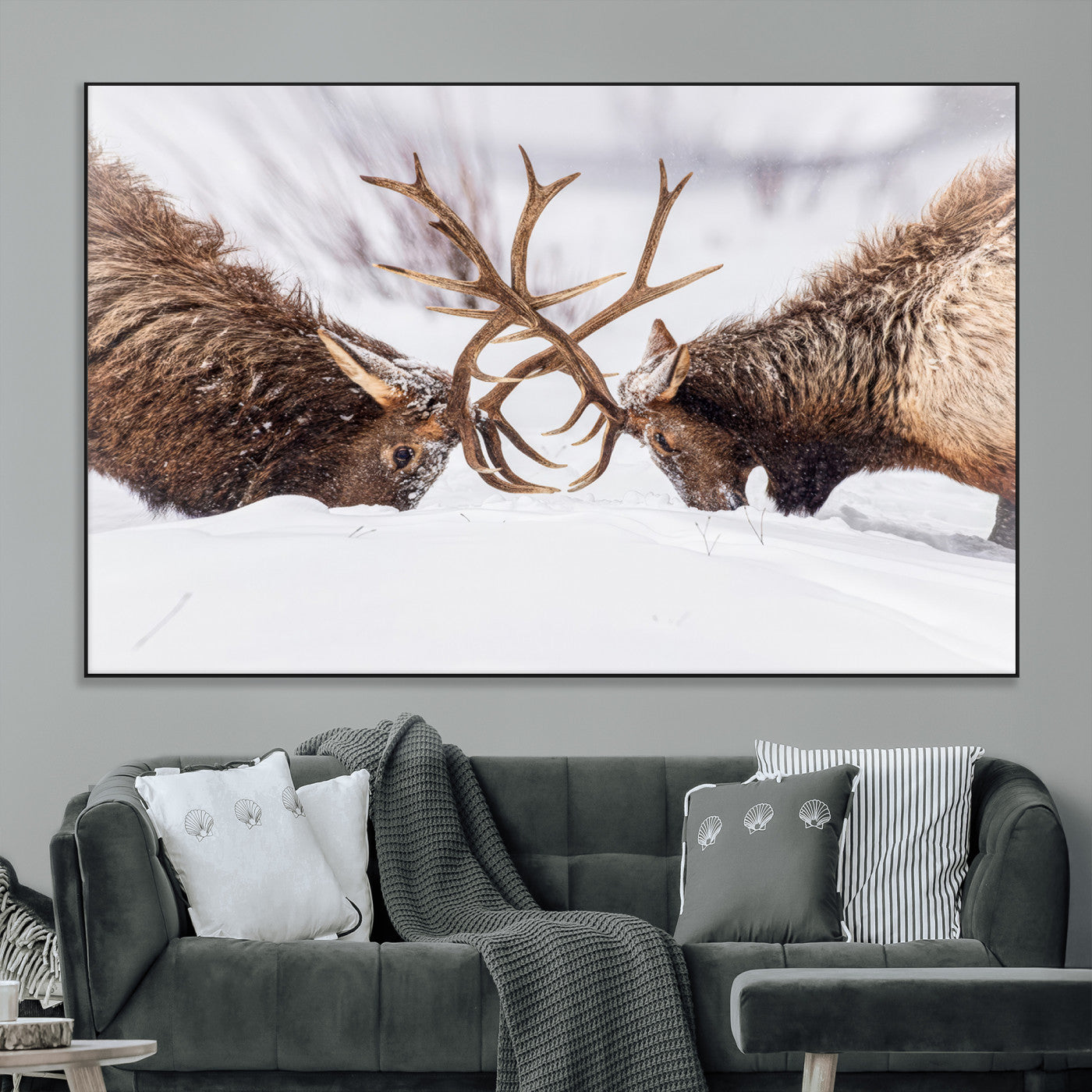 36507609-MGV-CV-36X24-Elk Clash Scene Wall Art Canvas Print, Framed Wildlife Strength Decor Art Picture Print, Snowy Forest Elk Perfect Rustic Lodge