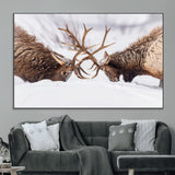36507609-MGV-CV-36X24-Elk Clash Scene Wall Art Canvas Print, Framed Wildlife Strength Decor Art Picture Print, Snowy Forest Elk Perfect Rustic Lodge