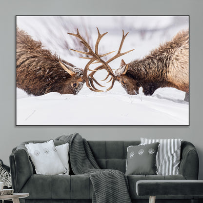 36507609-MGV-CV-36X24-Elk Clash Scene Wall Art Canvas Print, Framed Wildlife Strength Decor Art Picture Print, Snowy Forest Elk Perfect Rustic Lodge