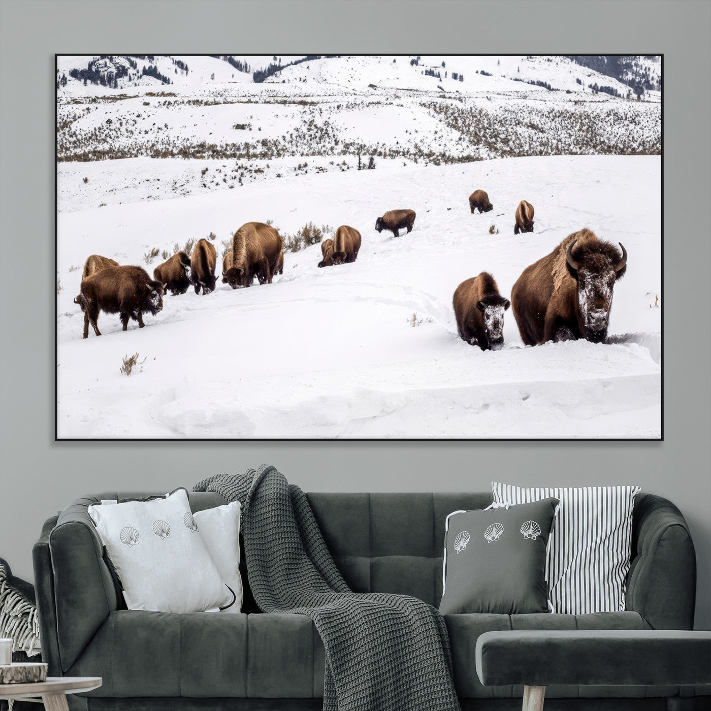 13891210-MGV-CV-36X24-Bison Herd Scene Wall Art Canvas Print, Framed Western Wildlife Decor Art Picture Print, Snowy Mountain Valley Perfect Rustic