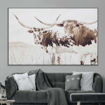 48161868-MGV-CV-36X24-Longhorn Cow Decor Wall Art Canvas Print, Framed Rustic Cattle Art Picture Print, Sepia Western Vibe Perfect Neutral Rustic
