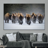 41669135-MGV-CV-36X24-Bison Herd Scene Wall Art Canvas Print, Framed Rustic Wildlife Decor Art Picture Print, Snowy Bison Landscape Perfect Rustic