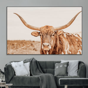 74406977-MGV-CV-36X24-Longhorn Bull Decor Wall Art Canvas Print, Framed Western Cow Theme Art Picture Print, Rustic Farmhouse Wall Perfect Neutral
