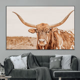 74406977-MGV-CV-36X24-Longhorn Bull Decor Wall Art Canvas Print, Framed Western Cow Theme Art Picture Print, Rustic Farmhouse Wall Perfect Neutral