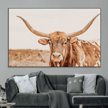 74406977-MGV-CV-36X24-Longhorn Bull Decor Wall Art Canvas Print, Framed Western Cow Theme Art Picture Print, Rustic Farmhouse Wall Perfect Neutral