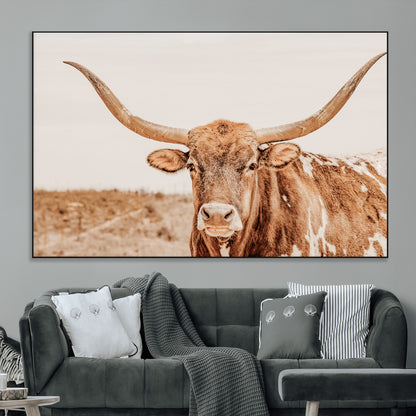 74406977-MGV-CV-36X24-Longhorn Bull Decor Wall Art Canvas Print, Framed Western Cow Theme Art Picture Print, Rustic Farmhouse Wall Perfect Neutral