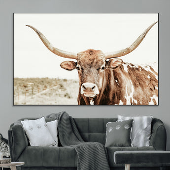 98924580-MGV-CV-36X24-Texas Longhorn Bull Wall Art Canvas Print, Framed Rustic Farmhouse Decor Art Picture Print, Western Animal Theme Perfect Rustic