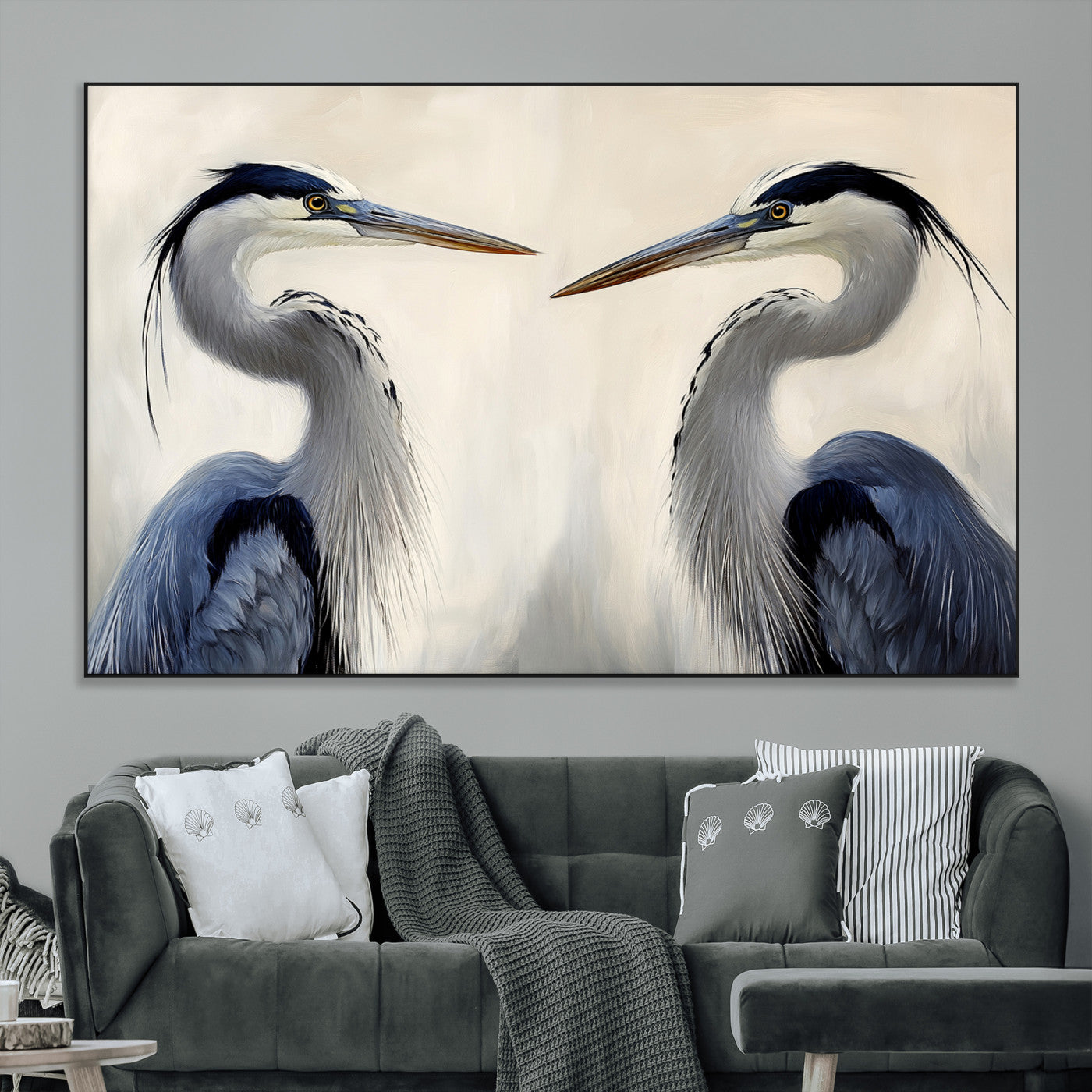 18230556-MGV-CV-36X24-Blue Heron Pair Wall Art Canvas Print, Framed Coastal Bird Theme Art Picture Print, Tranquil Wildlife Scene Perfect Coastal