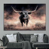 71457818-MGV-CV-36X24-Longhorn Wall Art Wall Art Canvas Print, Framed Western Bull Canvas Art Picture Print, Rustic Cow Decor Perfect Western Dramatic
