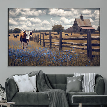 22296025-MGV-CV-36X24-Texas Longhorn Canvas Wall Art Canvas Print, Framed Rustic Barn Wall Art Art Picture Print, Farmhouse Cow Decor Perfect Rustic
