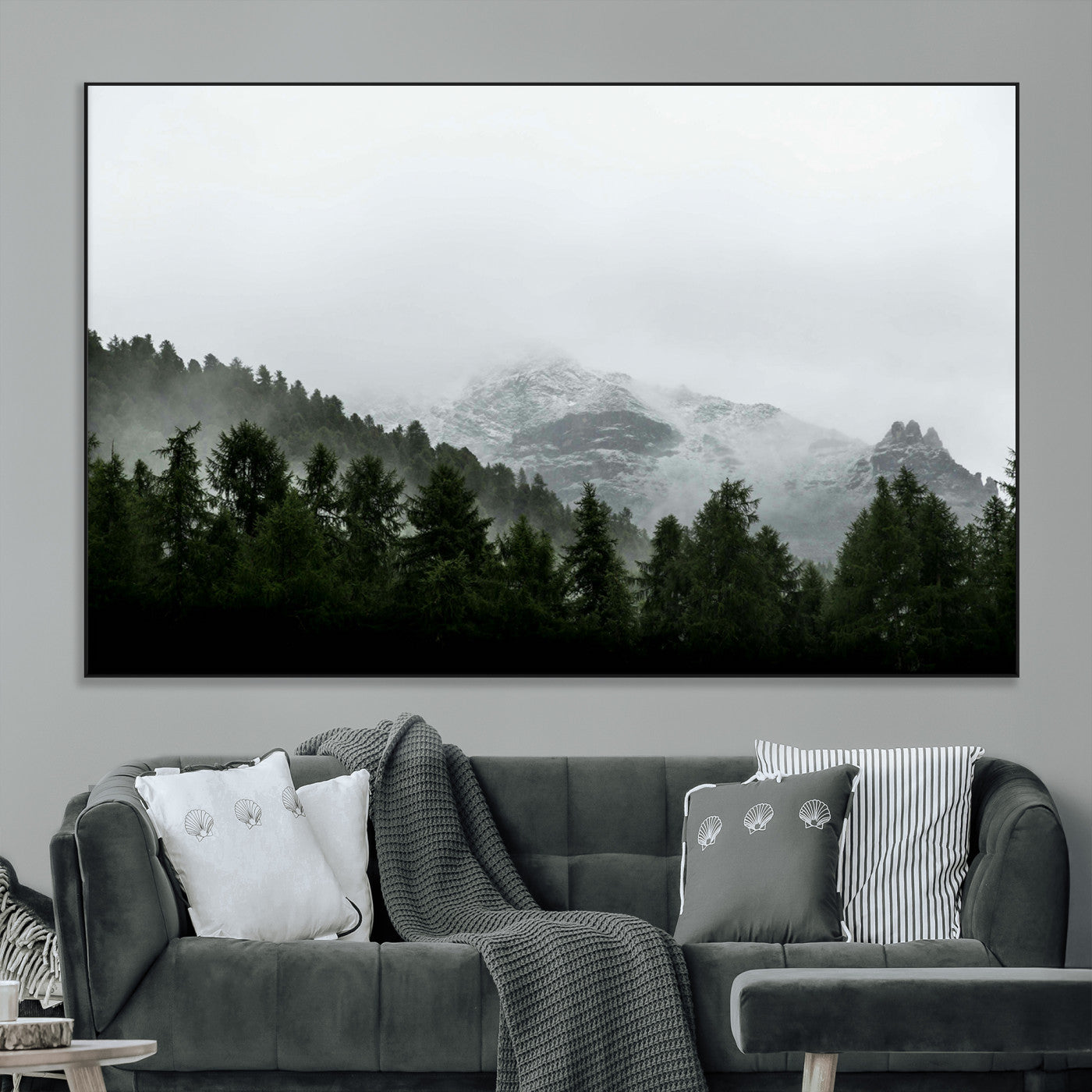 55968349-SEG-FC-51X34_Oversize_Oversize-Misty Mountains Wall Art Canvas Print, Framed Foggy Forest Art Picture Print, Snowy Peaks Perfect Moody Wilderness Decor Artwork