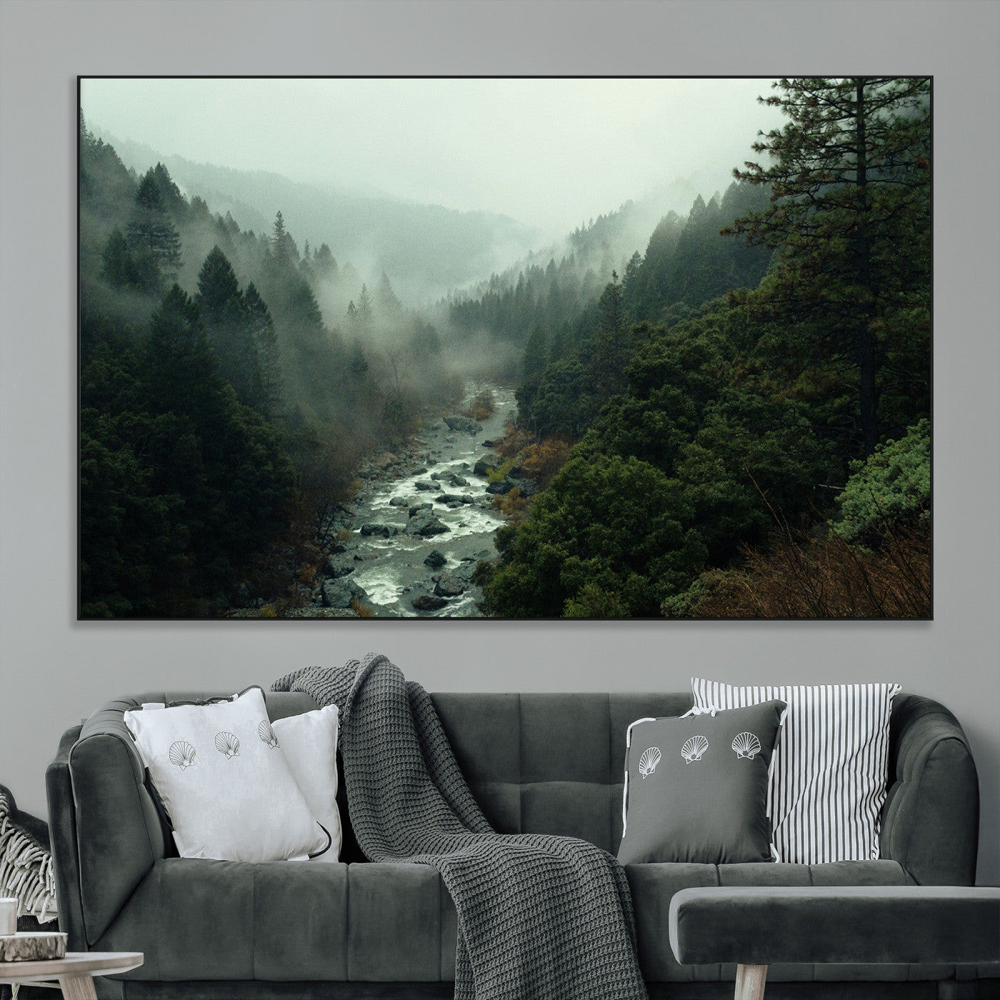 48497565-MGV-CV-36X24-Misty Forest Wall Art Canvas Print, Framed Foggy River Art Picture Print, Moody Landscape Perfect Moody Wilderness Decor Artwork