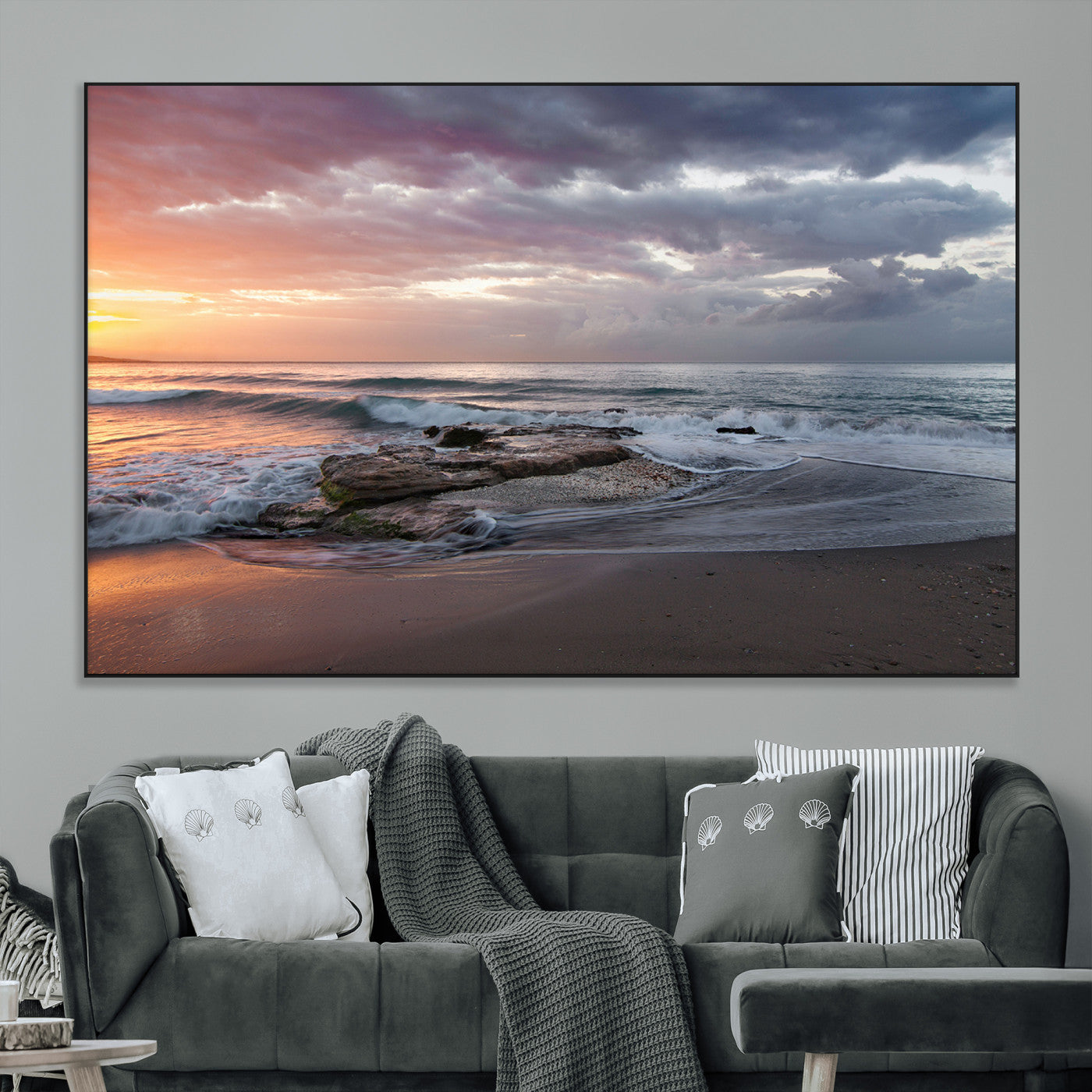 94208089-MGV-CV-36X24-Golden Hour Wall Art Canvas Print, Framed Tranquil Waves Art Picture Print, Beach Horizon Perfect Coastal Serenity Decor Artwork