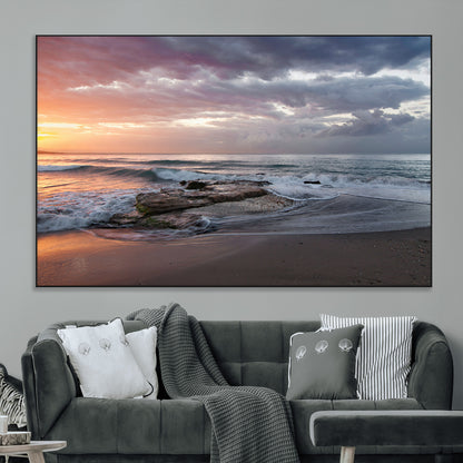 94208089-MGV-CV-36X24-Golden Hour Wall Art Canvas Print, Framed Tranquil Waves Art Picture Print, Beach Horizon Perfect Coastal Serenity Decor Artwork