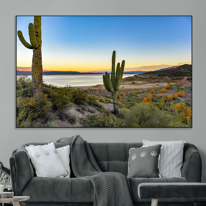 52844711-MGV-CV-36X24-Saguaro Cactus Wall Art Canvas Print, Framed Desert Sunset Art Picture Print, Southwestern Scene Perfect Southwestern Rustic Decor