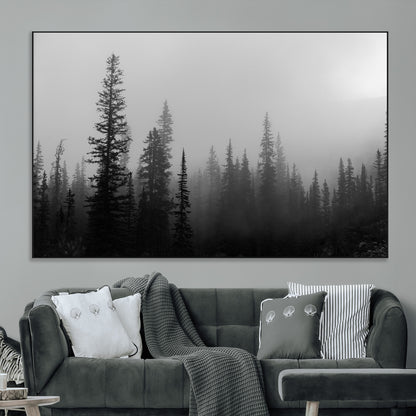 73138900-MGV-CV-36X24-Misty Pines Wall Art Canvas Print, Framed Woodland Photography Art Picture Print, Minimalist Decor Perfect Modern Rustic Decor