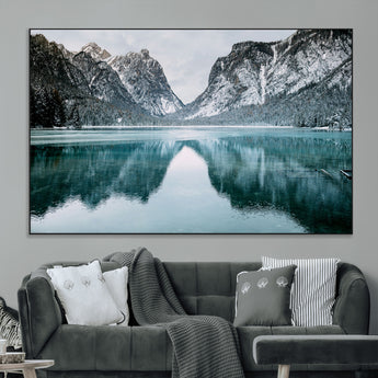 73098373-MGV-CV-36X24-Mountain Lake Wall Art Canvas Print, Framed Winter Wonderland Art Picture Print, Snowy Peaks Perfect Modern Nature Decor Artwork