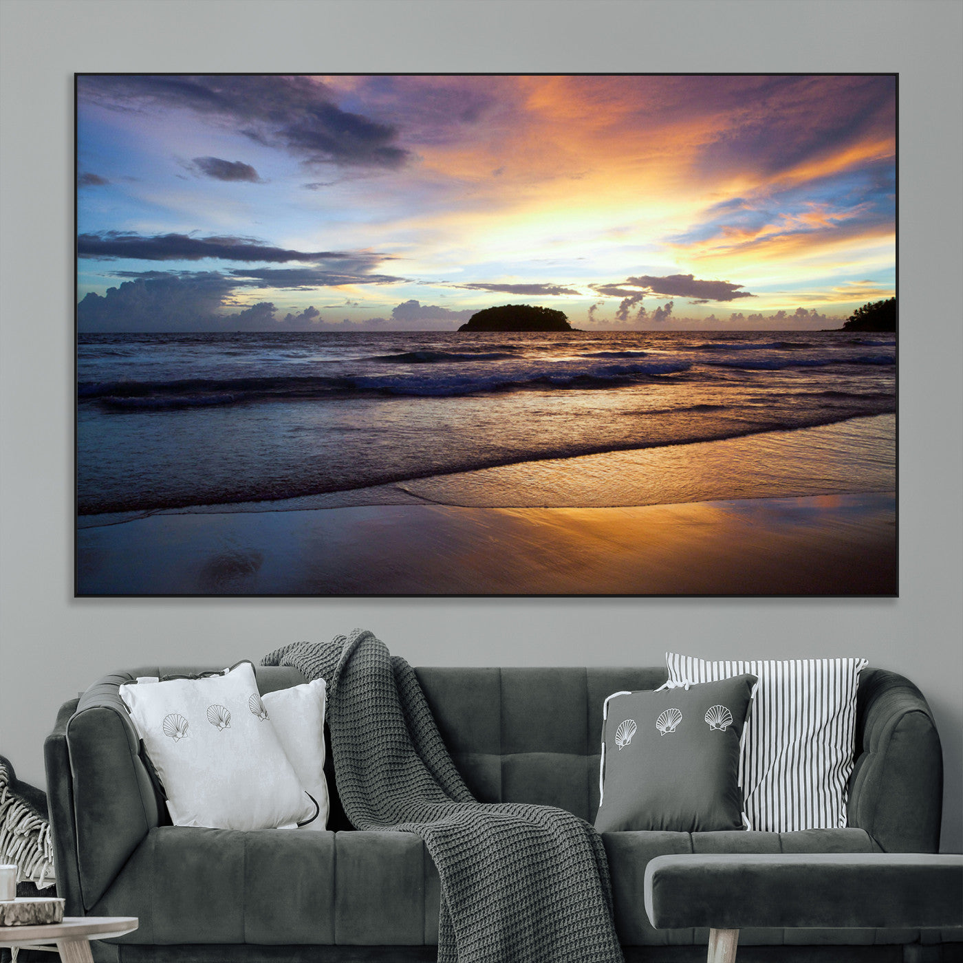 36714356-MGV-CV-36X24-Beach Sunset Wall Art Canvas Print, Framed Ocean Waves Art Picture Print, Tropical Seascape Perfect Coastal Serenity Decor Artwork
