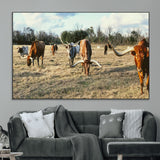 39144651-MGV-CV-36X24-Texas Longhorns Wall Art Canvas Print, Framed Rustic Farm Scene Art Picture Print, Western Cattle Perfect Rustic Farmhouse Decor