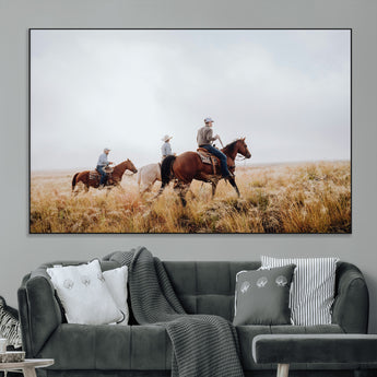 94723307-MGV-CV-36X24-Western Cowboys Wall Art Canvas Print, Framed Rustic Prairie Art Picture Print, Horseback Riding Perfect Rustic Western Decor