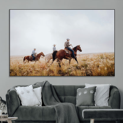 94723307-MGV-CV-36X24-Western Cowboys Wall Art Canvas Print, Framed Rustic Prairie Art Picture Print, Horseback Riding Perfect Rustic Western Decor