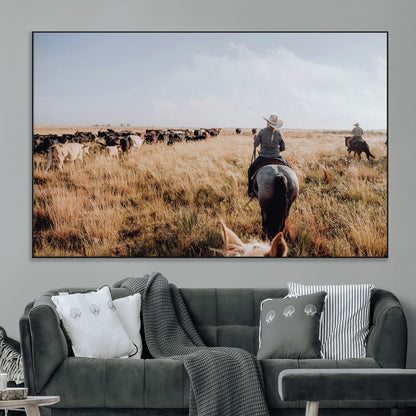 22431577-MGV-CV-36X24-Western Wall Art Wall Art Canvas Print, Framed Cowboy Canvas Art Picture Print, Cattle Drive Scene Perfect Rustic Western Decor