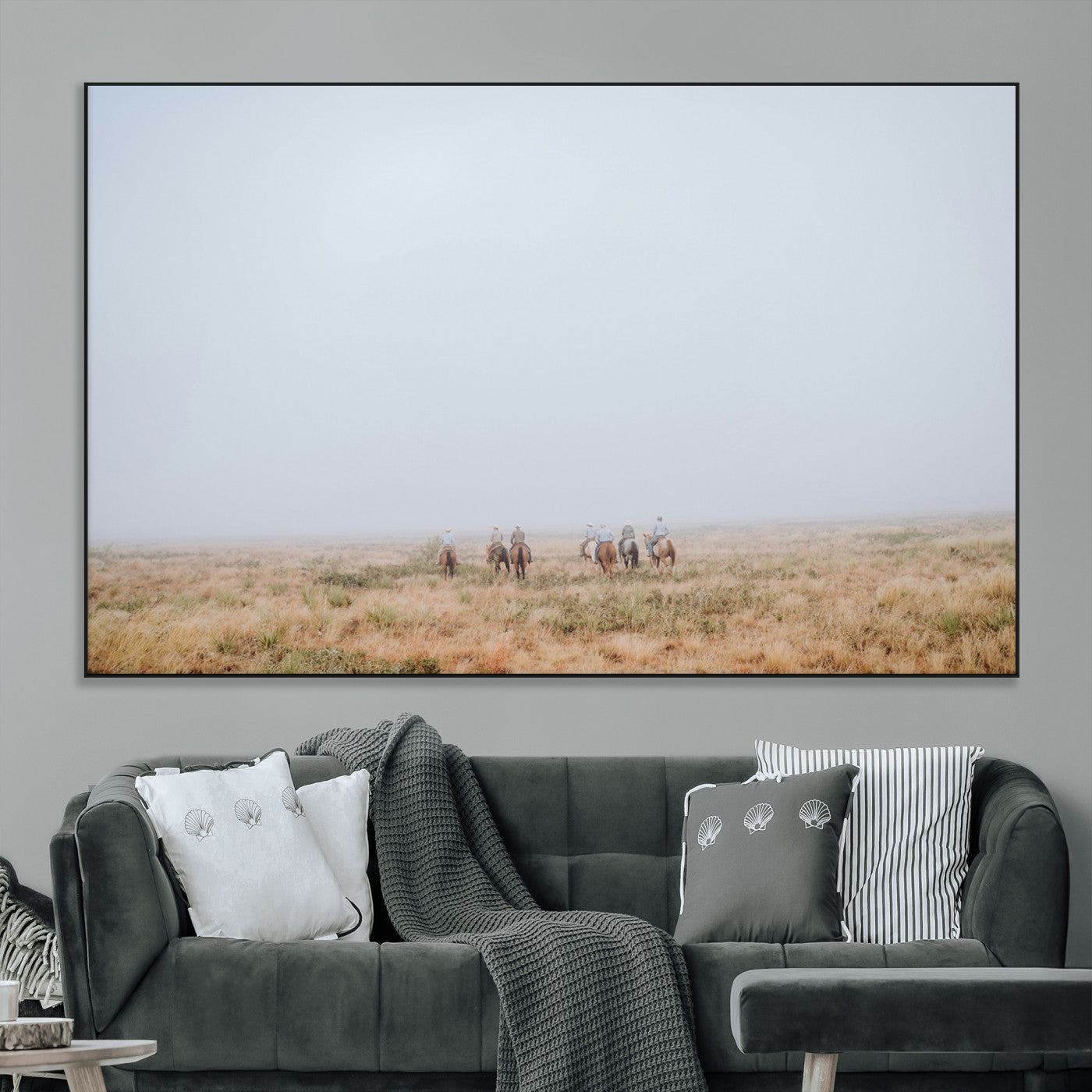 14761944-MGV-CV-36X24-Foggy Plains Wall Art Canvas Print, Framed Horseback Riders Art Picture Print, Rustic Western Perfect Rustic Western Decor Artwork