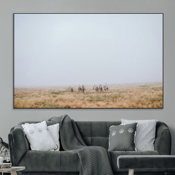 14761944-MGV-CV-36X24-Foggy Plains Wall Art Canvas Print, Framed Horseback Riders Art Picture Print, Rustic Western Perfect Rustic Western Decor Artwork