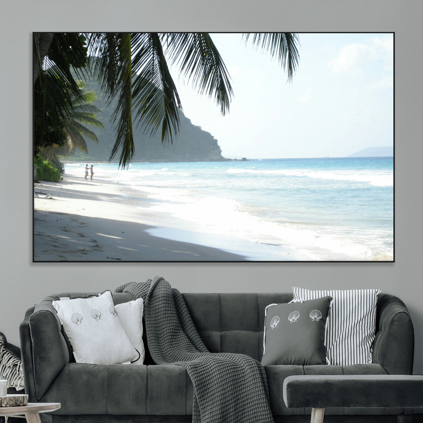 18311030-MGV-CV-36X24-Tropical Beach Wall Art Canvas Print, Framed Serene Ocean Art Picture Print, Palm Tree Shadows Perfect Tropical Coastal Decor