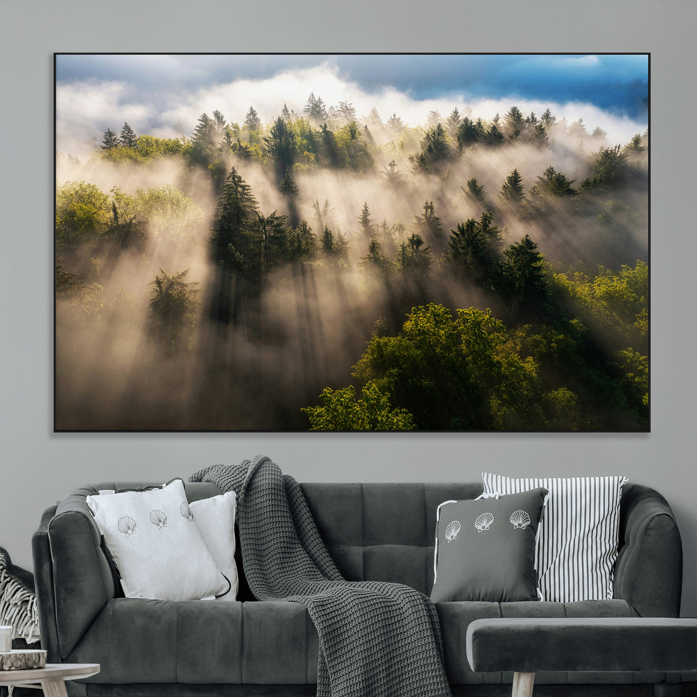 14785710-MGV-CV-36X24-Tranquil Forest Scene Wall Art Canvas Print, Framed Sunbeam Through Trees Art Picture Print, Moody Green Wall Art Perfect