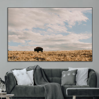 22754563-MGV-CV-36X24-Earthy Tones Wall Art Canvas Print, Framed Rustic Nature Art Picture Print, Solitary Buffalo Perfect Western Minimalist Decor