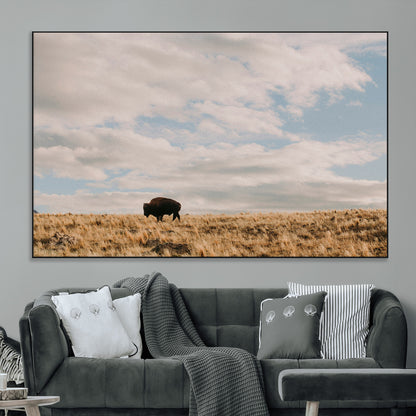 22754563-MGV-CV-36X24-Earthy Tones Wall Art Canvas Print, Framed Rustic Nature Art Picture Print, Solitary Buffalo Perfect Western Minimalist Decor