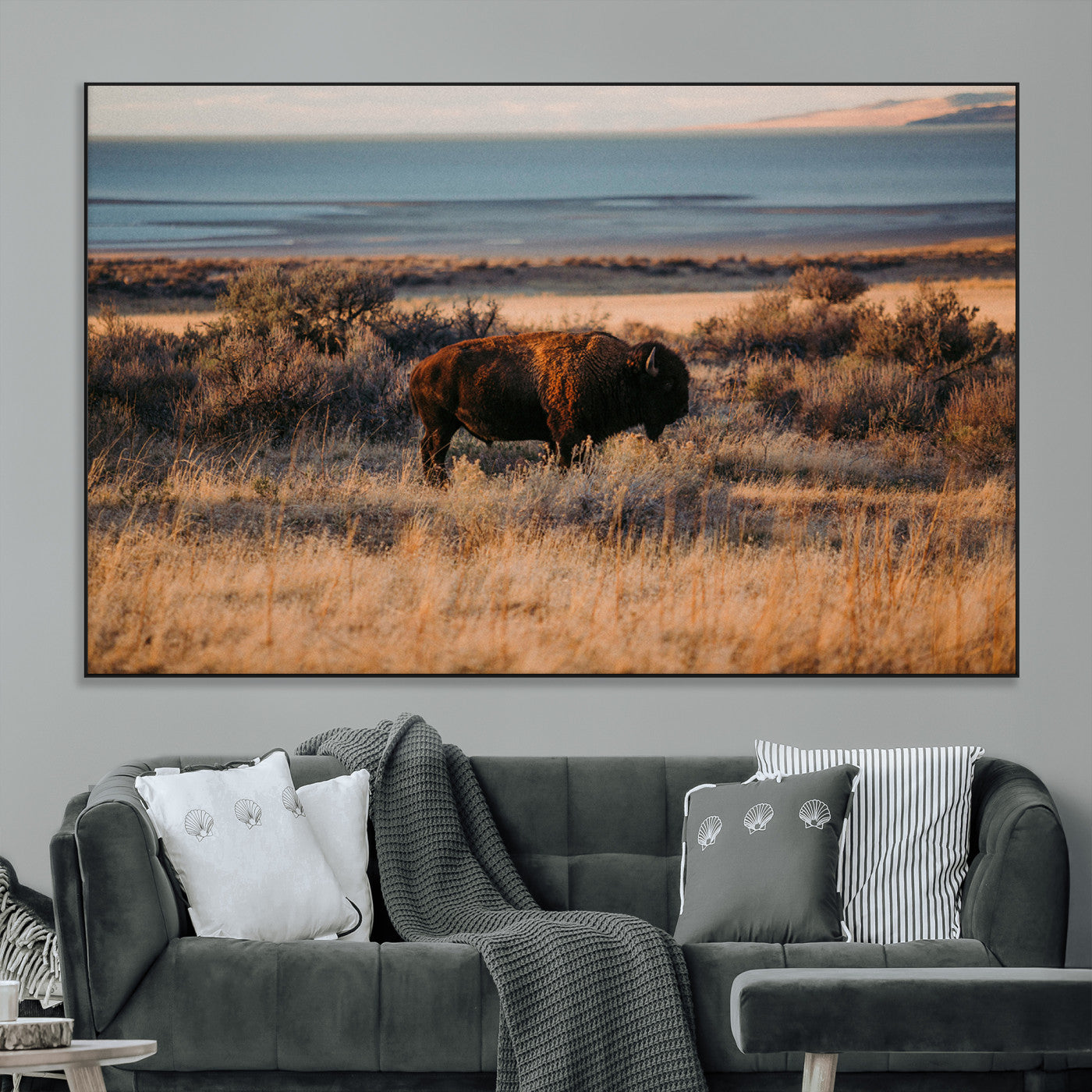 39509187-MGV-CV-36X24-Western Wildlife Wall Art Canvas Print, Framed Bison Art Picture Print, Golden Hour Perfect Western Rustic Decor Artwork