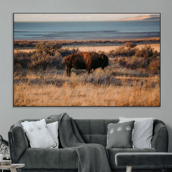 39509187-MGV-CV-36X24-Western Wildlife Wall Art Canvas Print, Framed Bison Art Picture Print, Golden Hour Perfect Western Rustic Decor Artwork