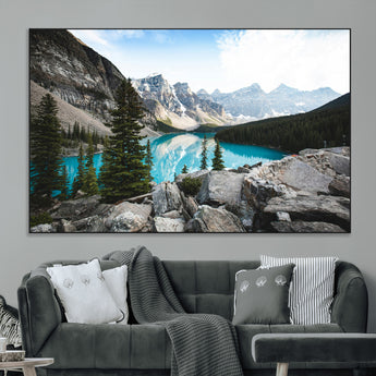 98014896-MGV-CV-36X24-Canadian Rockies Wall Art Canvas Print, Framed Mountain Landscape Art Picture Print, Turquoise Water Perfect Scandinavian