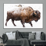 94261165-MGV-CV-36X24-Snowy Buffalo Wall Art Canvas Print, Framed Wildlife Photography Art Picture Print, Brown Tones Perfect Rustic Lodge Decor Decor