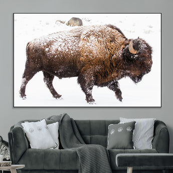 94261165-MGV-CV-36X24-Snowy Buffalo Wall Art Canvas Print, Framed Wildlife Photography Art Picture Print, Brown Tones Perfect Rustic Lodge Decor Decor