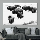 18914414-MGV-CV-36X24-Buffalo Herd Wall Art Canvas Print, Framed Black and White Art Picture Print, Snowy Landscape Perfect Rustic Lodge Decor Decor