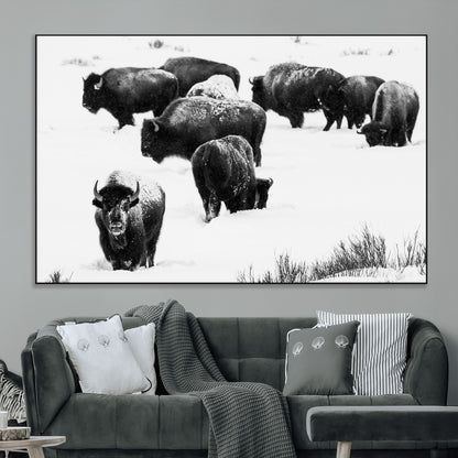 18914414-MGV-CV-36X24-Buffalo Herd Wall Art Canvas Print, Framed Black and White Art Picture Print, Snowy Landscape Perfect Rustic Lodge Decor Decor