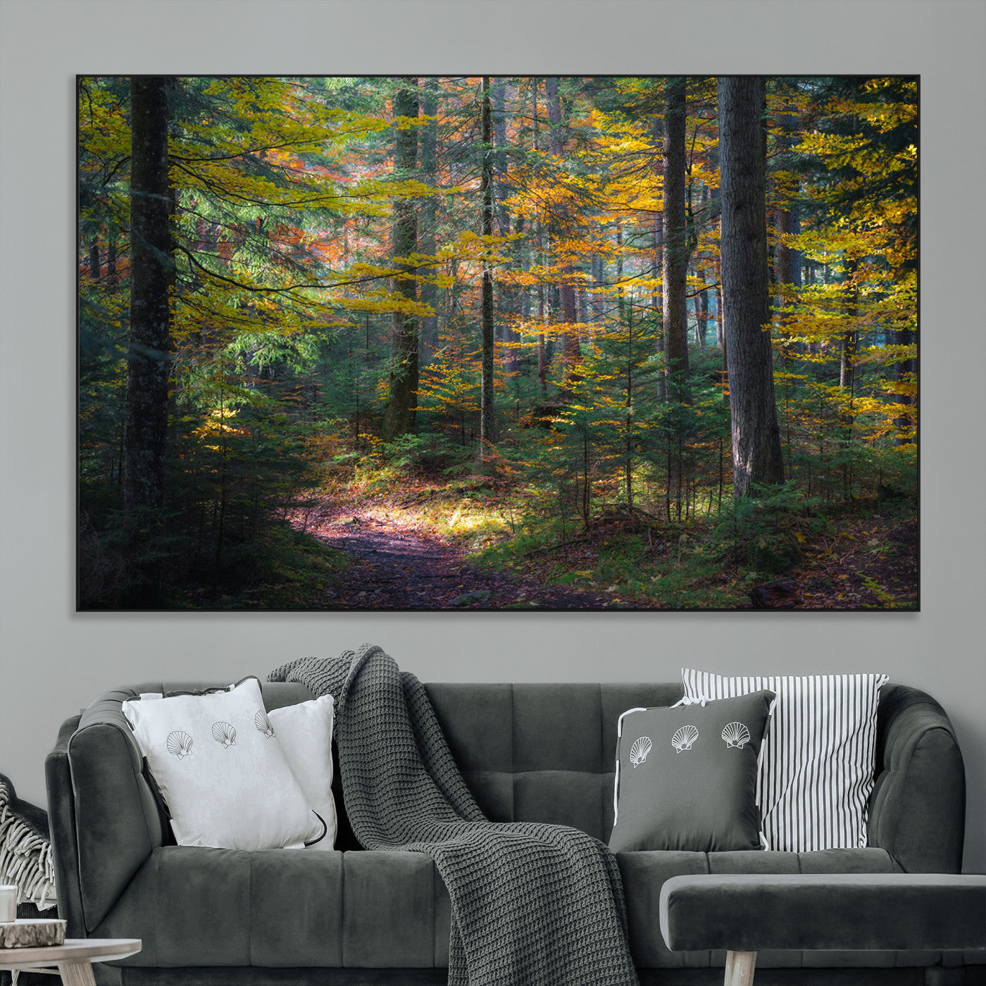 65810864-MGV-CV-36X24-Autumn Forest Wall Art Canvas Print, Framed Fall Woodland Art Picture Print, Golden Leaves Perfect Rustic Farmhouse Decor Artwork